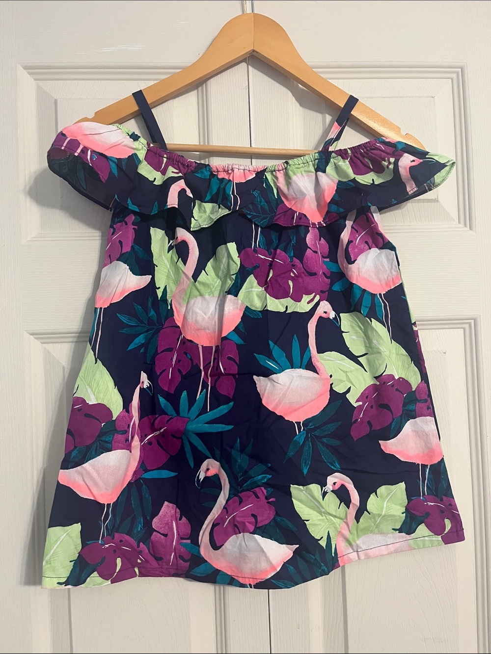 Gymboree Navy Flamingo Print Off-Shoulder Dress with Pink and Green Accents